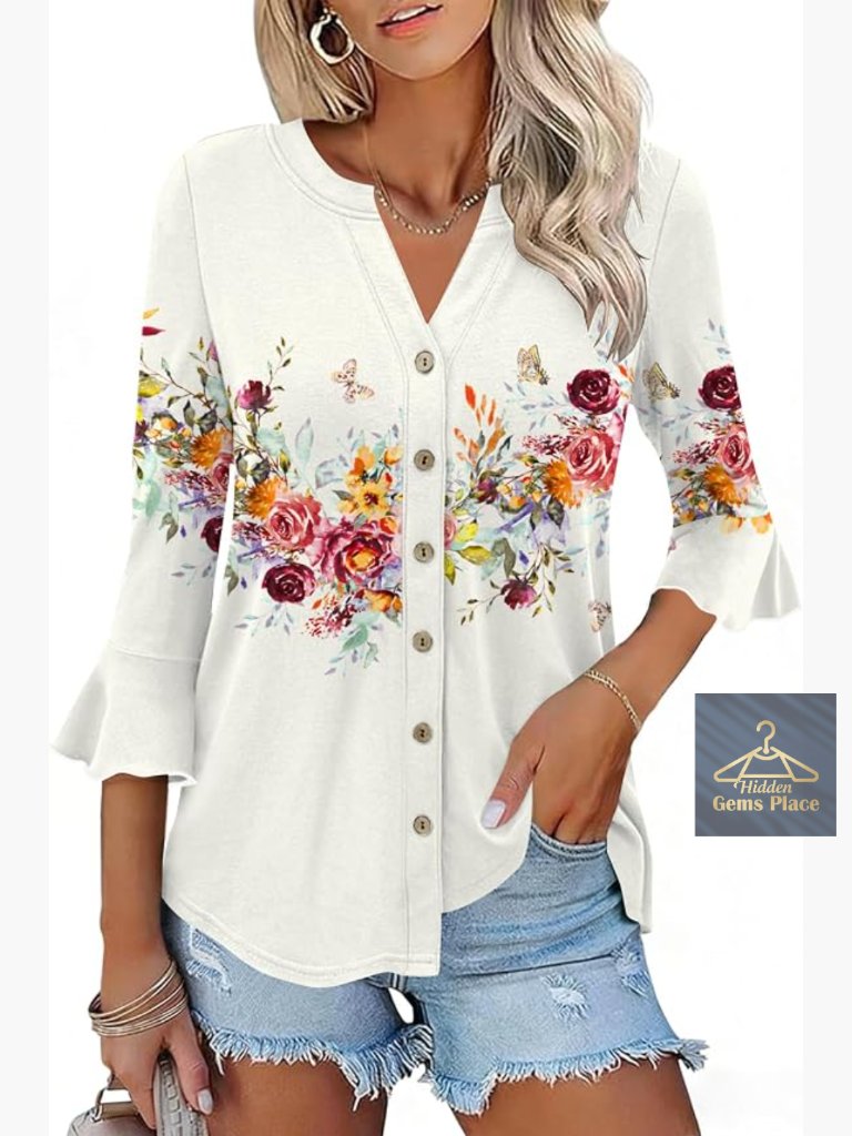 Women's Button Down 3/4 Sleeve V-Neck Ruffle Bell Sleeve Tunic Top